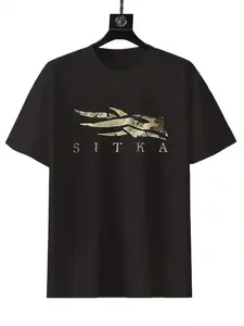SITKA Men's Premium Cotton T-Shirt, Breathable & Comfortable Casual #Round Neck, Black with Camo & #Golden Graphic, Comfort Colors Sweatshirt - Menswear, Top