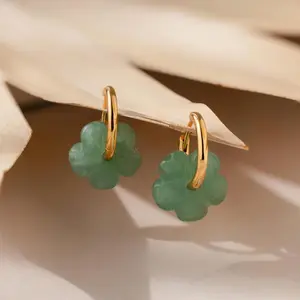 Jade Flower Hoops by Caitlyn Minimalist - Floral Green Jade Earrings - Cute Huggie Earrings - Gemstone Jewelry - Gift for Her