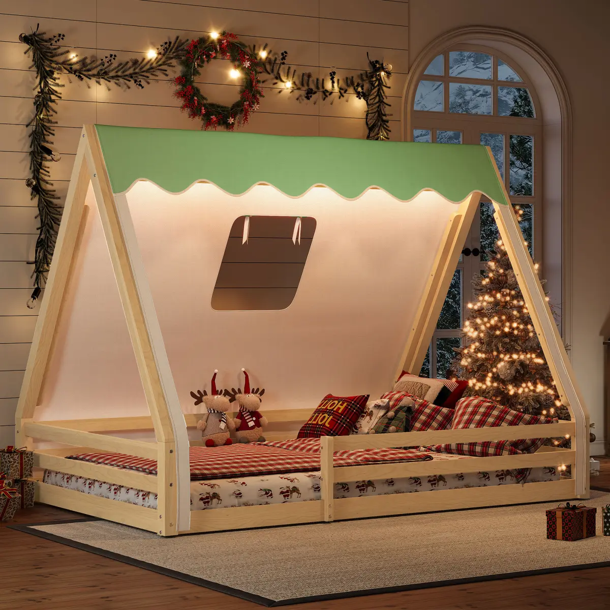 Twin/Full Size House Floor Bed with Tent and Light, Solid Wood Teepee Floor Bed with Full-length Guardrails