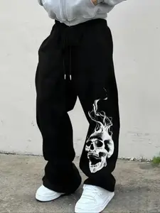 Men's Casual Loose-Fit Sweatpants, Graphic Skull Print Drawstring Waistband, All-Season Comfortable Pants for Daily Wear & Outdoor Activities, Casual Street Sweatpants