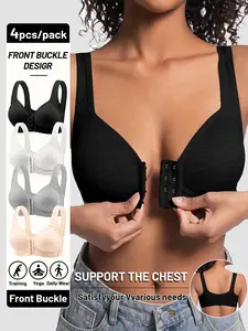 4 Pack Value Bundle Front Closure Bra for Women Wide Straps Wireless Breathable Everyday Sports & Daily Bra Underwear