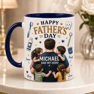 Custom Dentist Dad Mug, 2D Printed 3D Effect Ceramic Coffee Cup, Father’s Day Family Dental Tools Design, Personalized Gift from Kids for Dentists, Fathers, Dental Pros, Birthday Father’s Day Gift