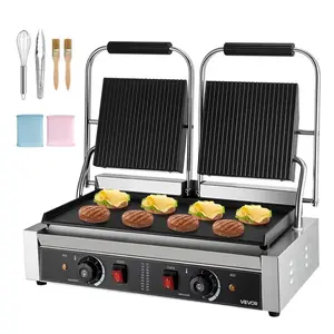 VEVOR Commercial Panini Grill,  3600W Electric Sandwich Panini Maker, Stainless Steel Double Sandwichs Press Grill with Handle and Temp Control, 19x9 in Flat Enamel Plate for Hamburger Steak Bacon