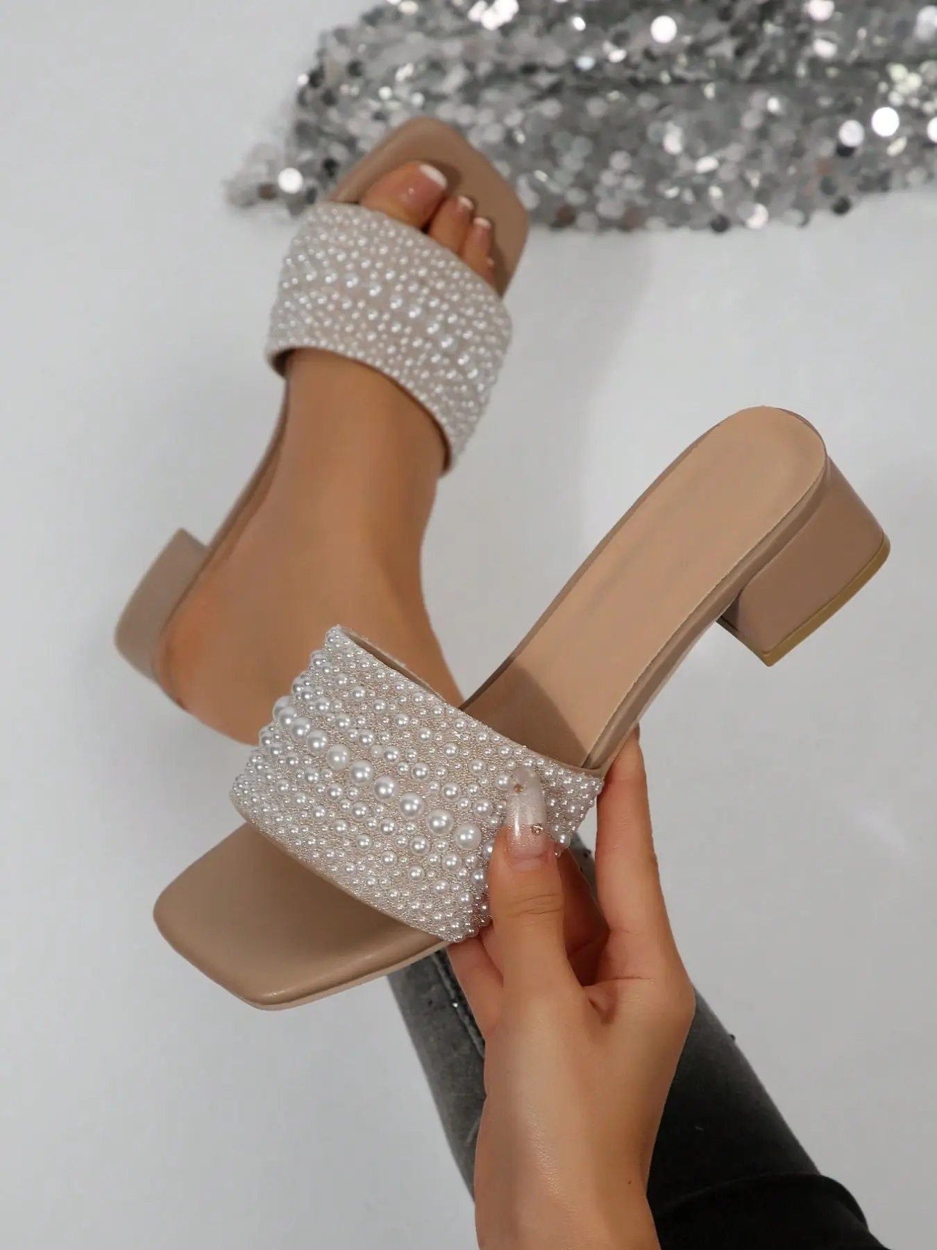 Summer New Flat Sandals Open Toe Slip-On Design Elegant Sandals with Artificial Pearl Crystal Decoration, Soft Sole Comfortable Summer Flats Summer Style Sandals