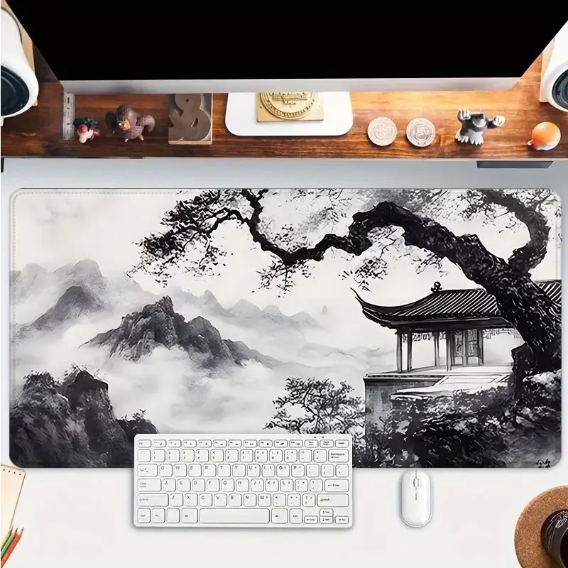 Ink Wash Landscape Mouse Pad for Desk Mountain Gaming Mousepad Extended Large Desk Mat With Stitched Edge Non-Slip Polyester Rubber Base Desk Accessories for Home Office Decor Pads 35.4x15.7 Inch Perfect Gift for Men Women