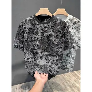 Summer 2026 Trendy Brand Men's T-shirt Loose Casual All-Match Tie-Dye Hole Design round Neck Short Sleeve Breathable