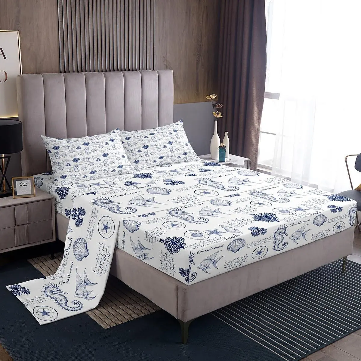 Coastal Sheet Set,Seashell Conch Seahorse Starfish Coral Bedding Set,Ocean Beach Nautical Bed Sheet Adult Room Decor,Navy White Fitted + Flat Sheet