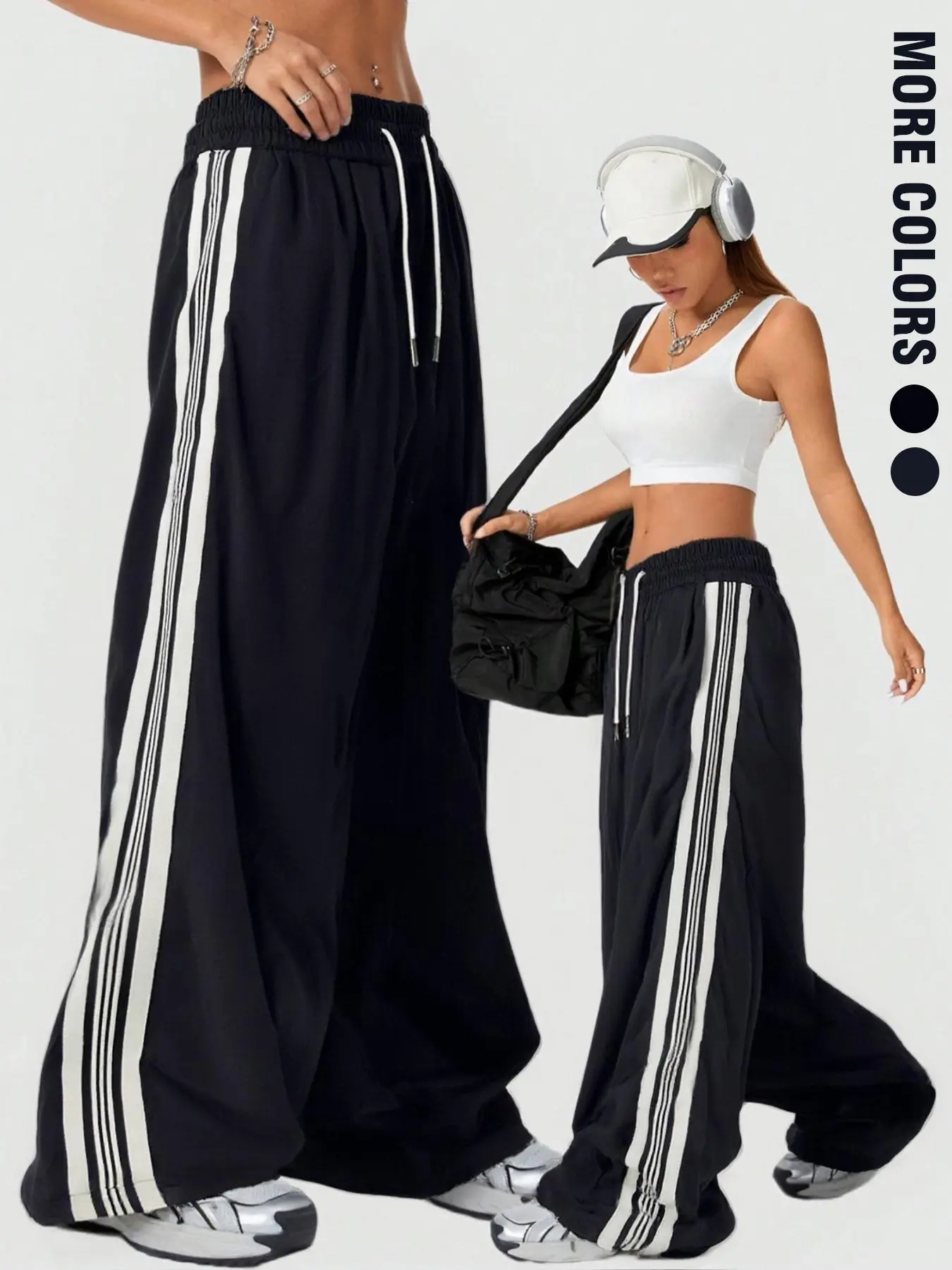 Viral Y2K Baggy Track Pants, Bottoms, Bold Side Stripes, Drawstring Waist, Oversized & Edgy, For Casual Streetwear Aesthetic, Errands or Hangouts, Comfy Fabric OOTD, Available in Multiple Colors, #TrackPants #StreetwearFashion #TikTokFinds
