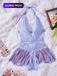 women's solid color lace sexy lingerie bodysuit, french style soft comfy breathable deep v neck backless bodysuit for daily wear, women's lingerie for all seasons, womenswear, lady, underwear, fashionable bodysuits