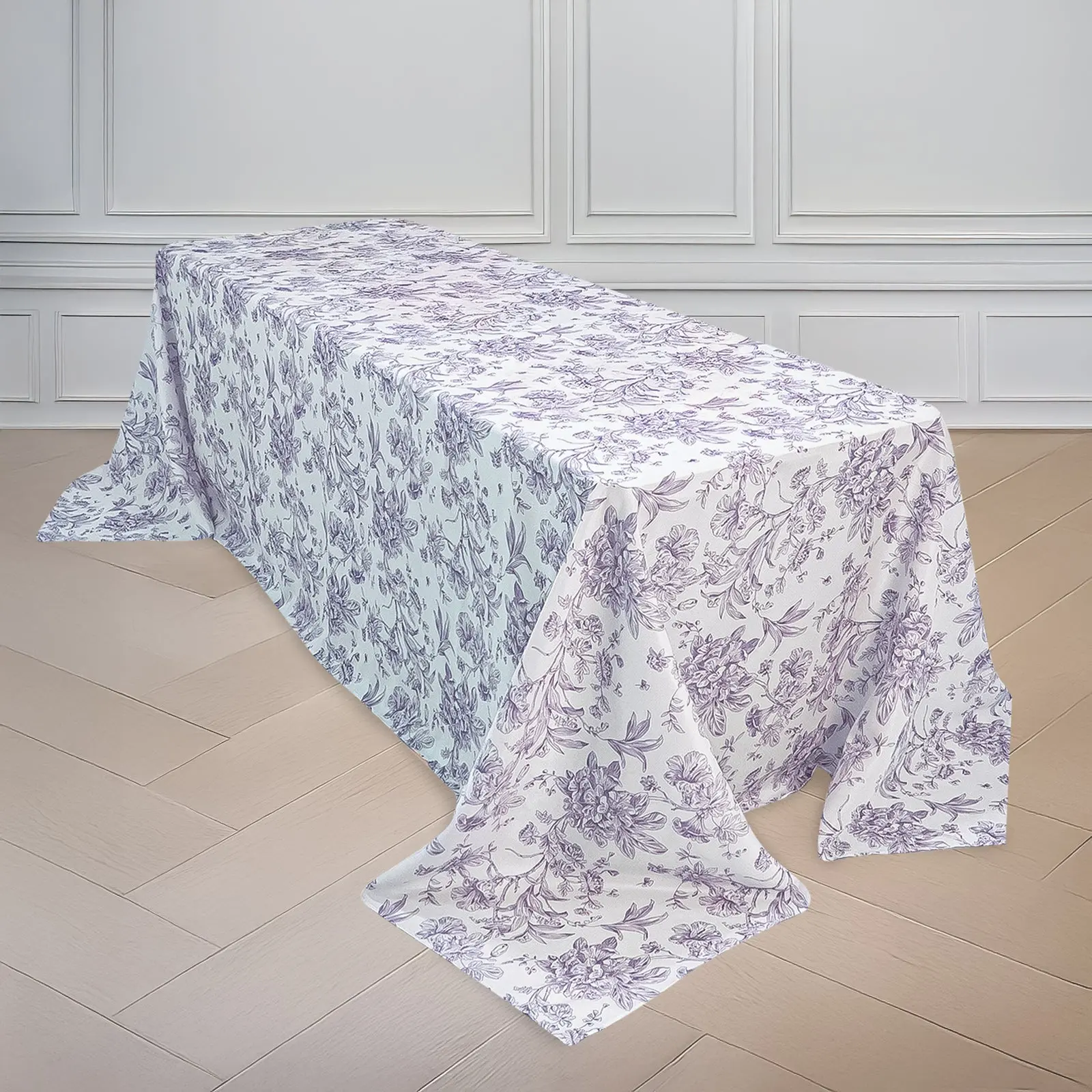 90"x132" Polyester Rectangle All Over Print Tablecloth - White with Lavender Lilac French Toile, Machine Washable Seamless Cover for Weddings, Ceremonies, Wedding, All Over Print Tablecloths