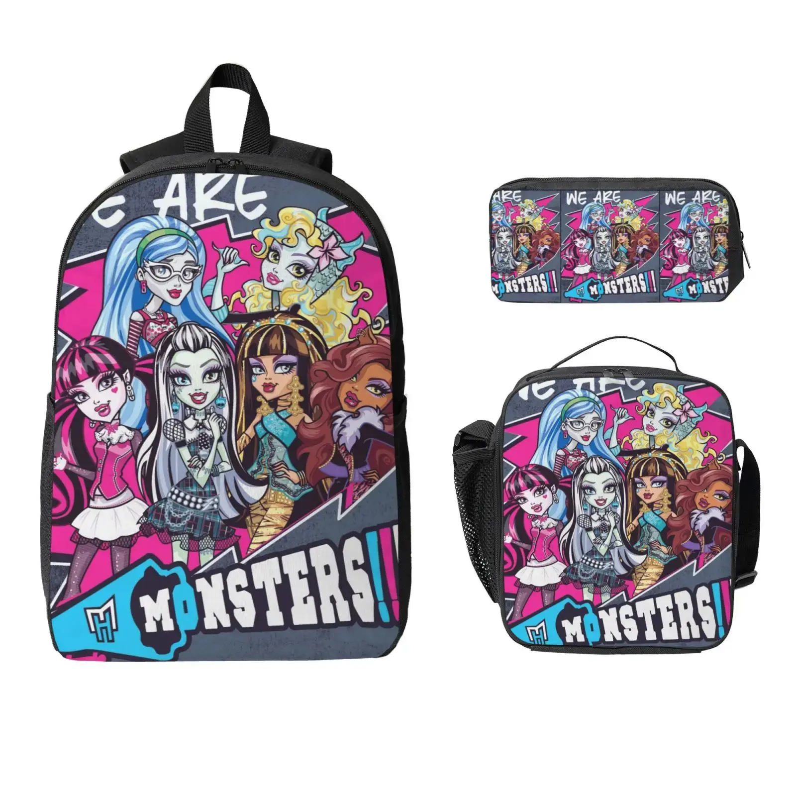 Monster High Lightweight Backpack Set With Lunchbox And Pen Pouch For A Great Backpack Traveling 17inch Rucksack Draculaura Daypack Cleo de Nile lunchbag