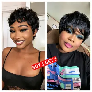 [Combo Sale]Buy 1 Get 2 Short Pixie Cut Wig Virgin Human Hair Natural Black Color Straight And Curly With Bangs Full Machine Ready To Go Glueless Wig