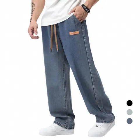 Men's Casual-Fit Straight-Leg Denim Blend Jeans - 61.8% Cotton Premium Heavyweight Washed Denim, Broken-In Look, Steady Heavy Drape, Chic Preppy Plain Design, Drawstring Elastic Waistband, Functional Pocket