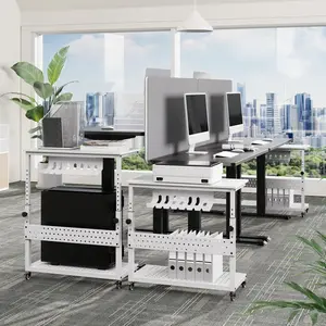 2-Tier Adjustable Rolling Computer Tower Stand, Locking Wheels, Cable Management Rack & Hooks, Mobile CPU Holder, Printer Shelf for Home Office, Gaming, Under Desk