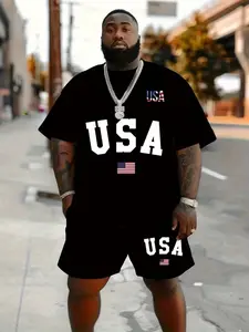 Men's Plus Size Sportswear Set, Athletic Sports Clothing, Colorblock Short Sleeve T-Shirt and Drawstring Shorts, Breathable Polyester, Summer Wear