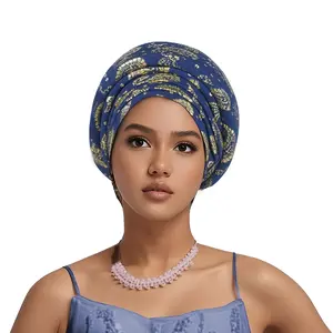 Classic Aso Oke Lady's Hat, Heavy-duty Antelope Fabric Plain-colored Golden-embossed Headscarf Hat, Elegant Nigerian Traditional Muslim Turbans, Auto Gele Headpiece, Suitable for Daily Use, Weddings, Parties And Other Special Occasions.