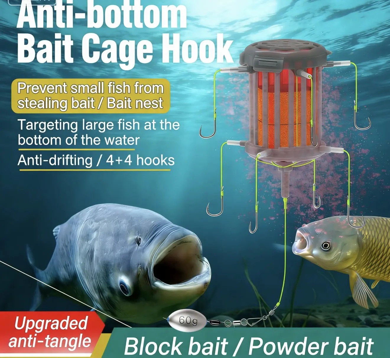 4+4 Hooks Off-Bottom Bait Cage Rig, Anti-Drifting Angling & Fishing Supplies, Bait-Stealing Prevention Tackle for Trophy Fishing Target Large Fish, Angling Supplies, Bottom Fishing
