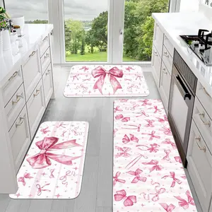 JIT 1pc Pink Bowknot Pattern Flannel Decorative Carpet - Kitchen Carpet Set, Flannel Side Cushion Set Rug - Slip-resistant and washable side carpet, suitable for kitchens and laundry rooms, Non Slip Rug