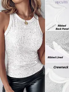 Recuiti Women's Summer Casual Slim Fit Round Neck Sequin Vest, Shiny Sleeveless Top, Perfect for Parties and Events