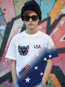 Boys' Summer Blue Gradient Usa Eagle Flag Print Short Sleeve Casual T-Shirt, Fitted Style, Random Print, Medium to Large Kids, Graphic Tees