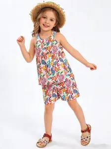 Girls' Colorful Floral Paisley Set, Lightweight Sleeveless Top + Loose Shorts, Bohemian Style Summer for Kids Aged 2-7 Years