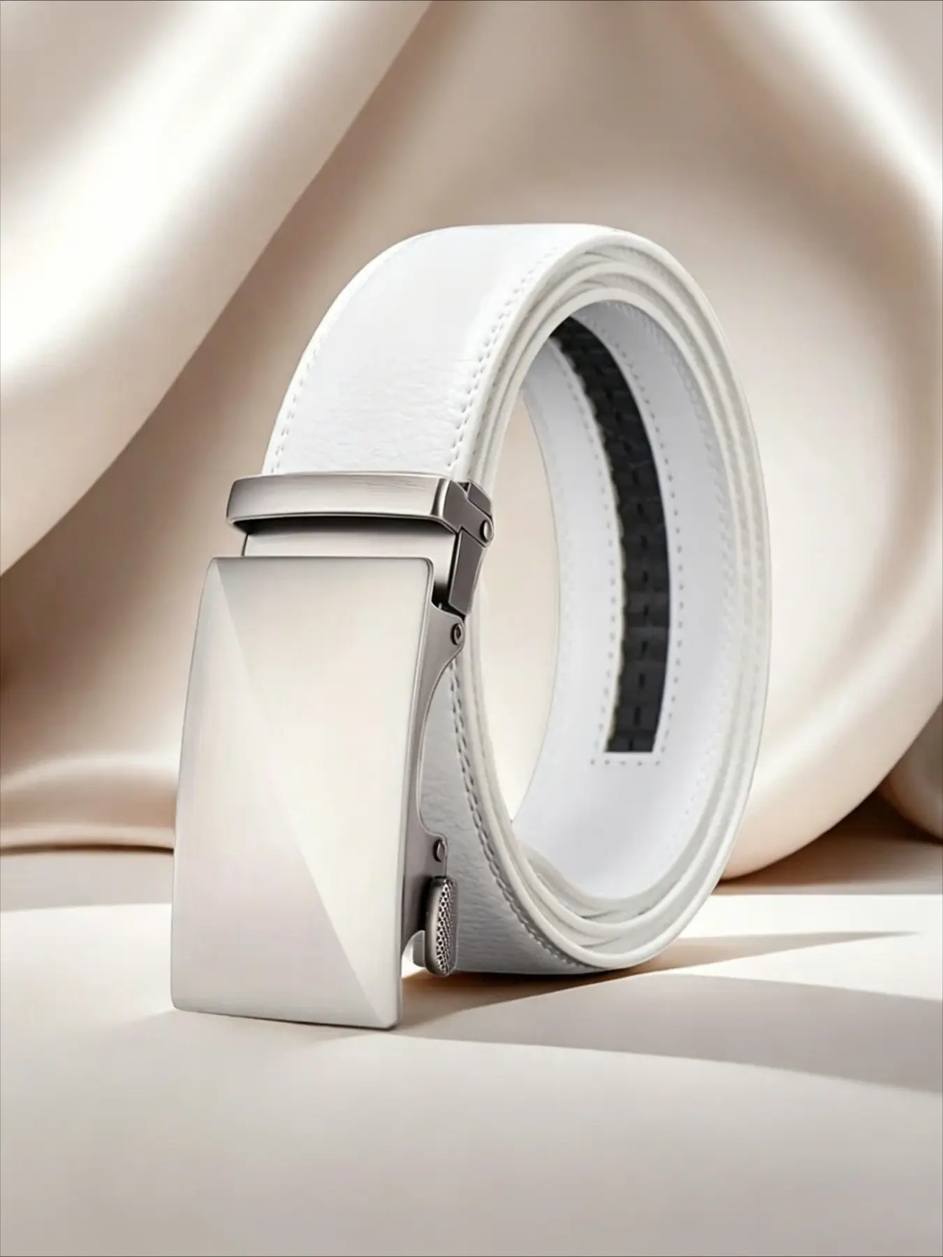 Men Leather Waist Straps Belts for Weddings/Business Men's White Automatic Buckle Easy Adjustable Belt Elegant Formal Belt Gift for Husband/Dad Belt with Buckle