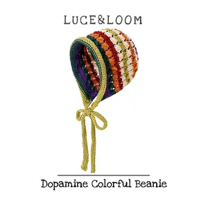 【LUCE&LOOM】Retro Dopamine Colorful Striped Knit Hat | Cozy Handmade Winter Earflap Beanie | Versatile Casual Headwear for Fall & Winter Outfits