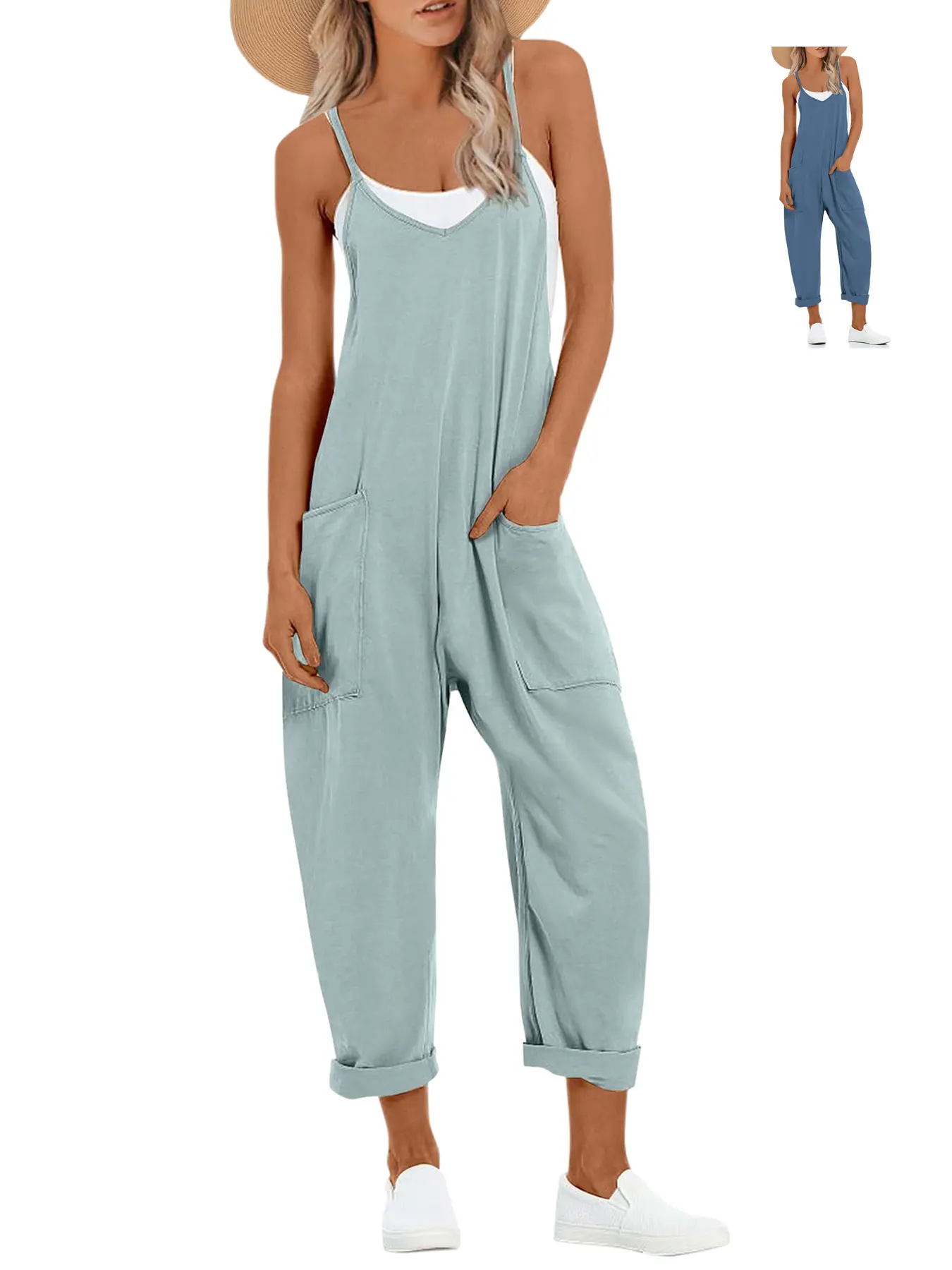 Renaishow Women's Casual Overalls, Sleeveless Loose Fit Solid Jumpsuit with Pockets, Summer Vacation Travel Outfits, Overalls For Women, Lady, Lightweight