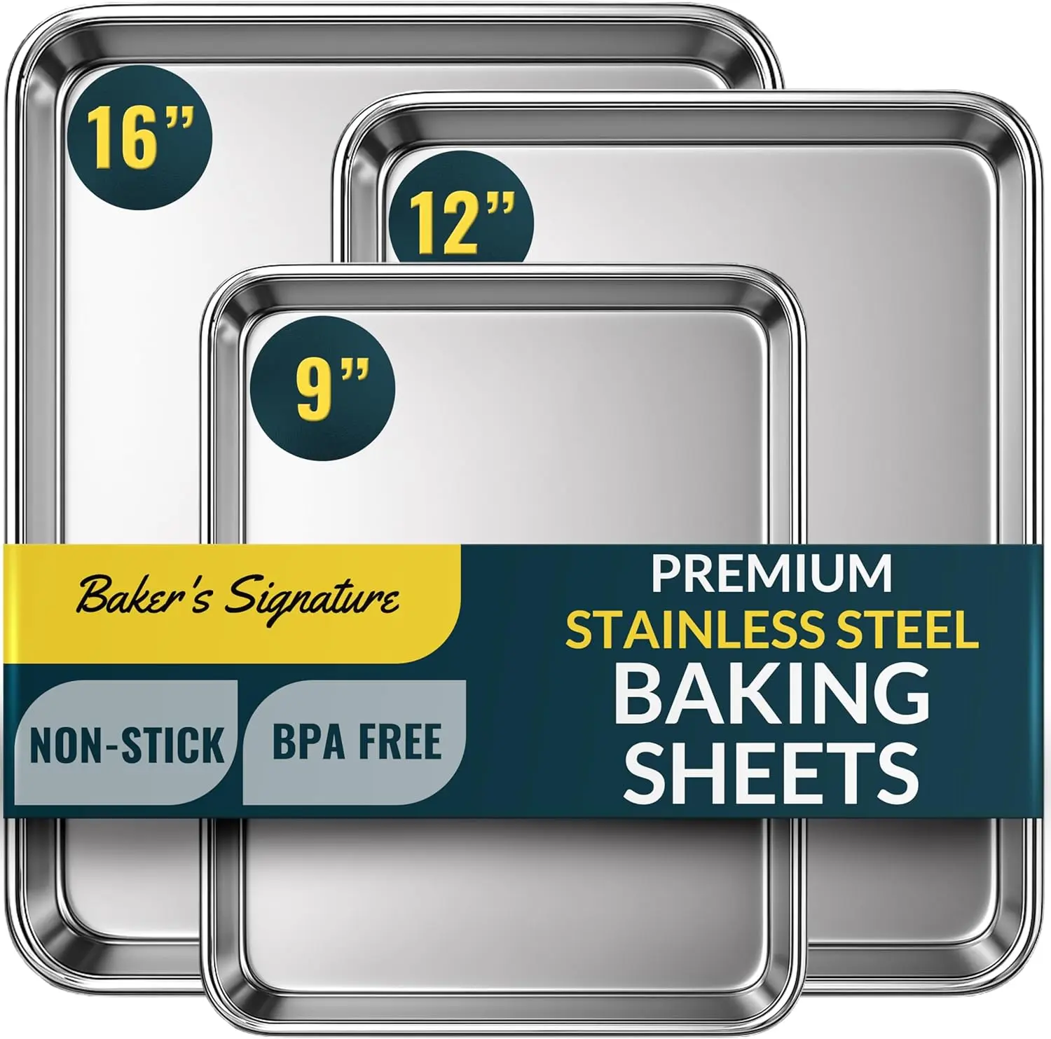 3-Piece Stainless Steel Cookie Sheet Baking Pan Set - Mirror Finish Non-Stick Rust-Resistant, BPA-Free & Dishwasher Safe, 9/12/16 Inch, Heavy-Duty Professional Bakeware