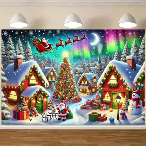 Polyester Christmas Village Backdrop - Indoor Backdrops, Party Decorations Banners, Festive Home Supplies with Santa Flying in Night Sky for Living Room & Tree Wall Ornament