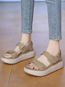 Women's Thick Sole Sandals 2026 New Summer Outdoor Velcro Beach Shoes Casual Large Size Sport Slippers, Round Toe PU Leather