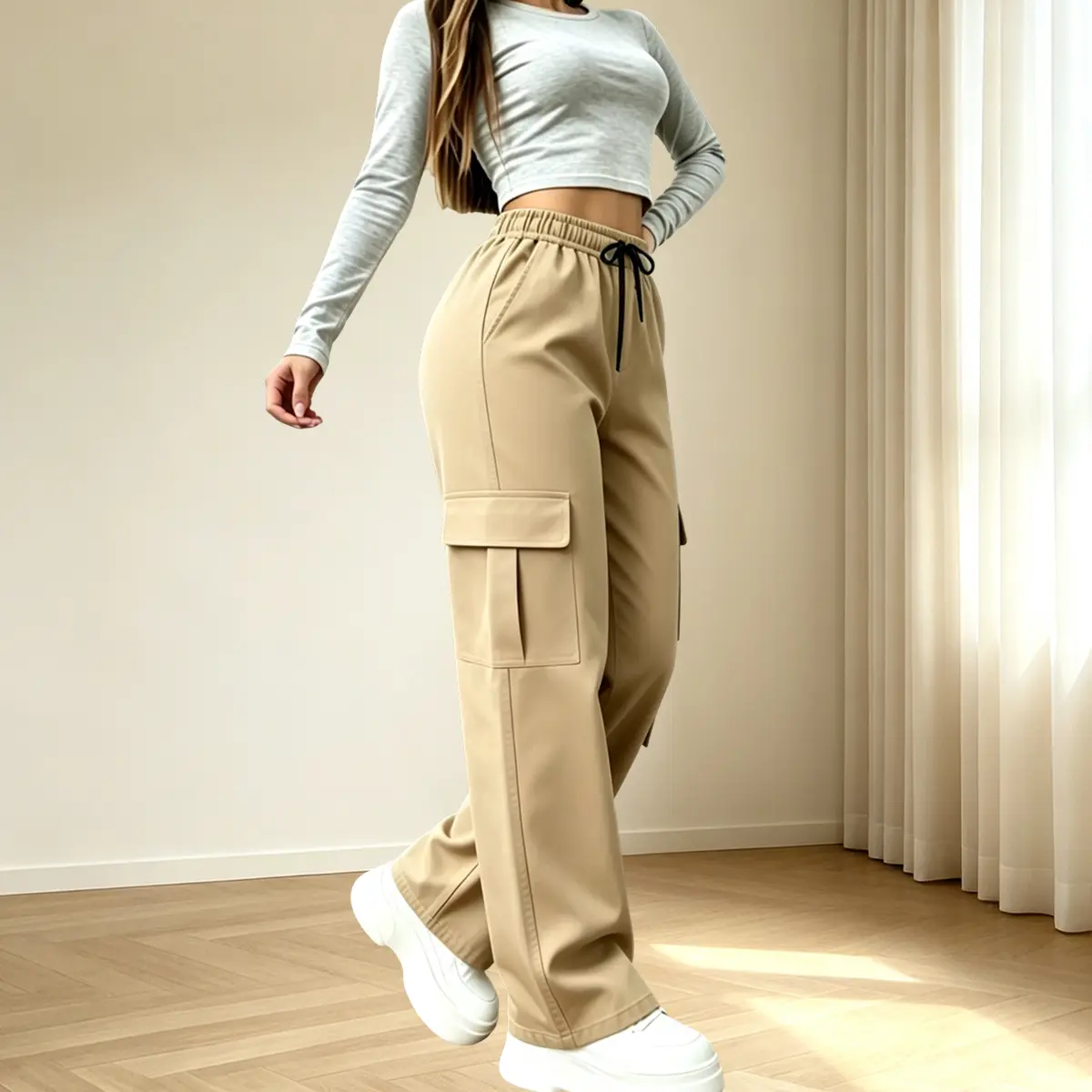 Women’s solid-color casual cargo pants with an elastic waistband and drawstring, multiple flap pockets, suitable for all seasons. Loose, relaxed fit ideal for everyday wear, outings, and work. Women’s long pants, machine washable.