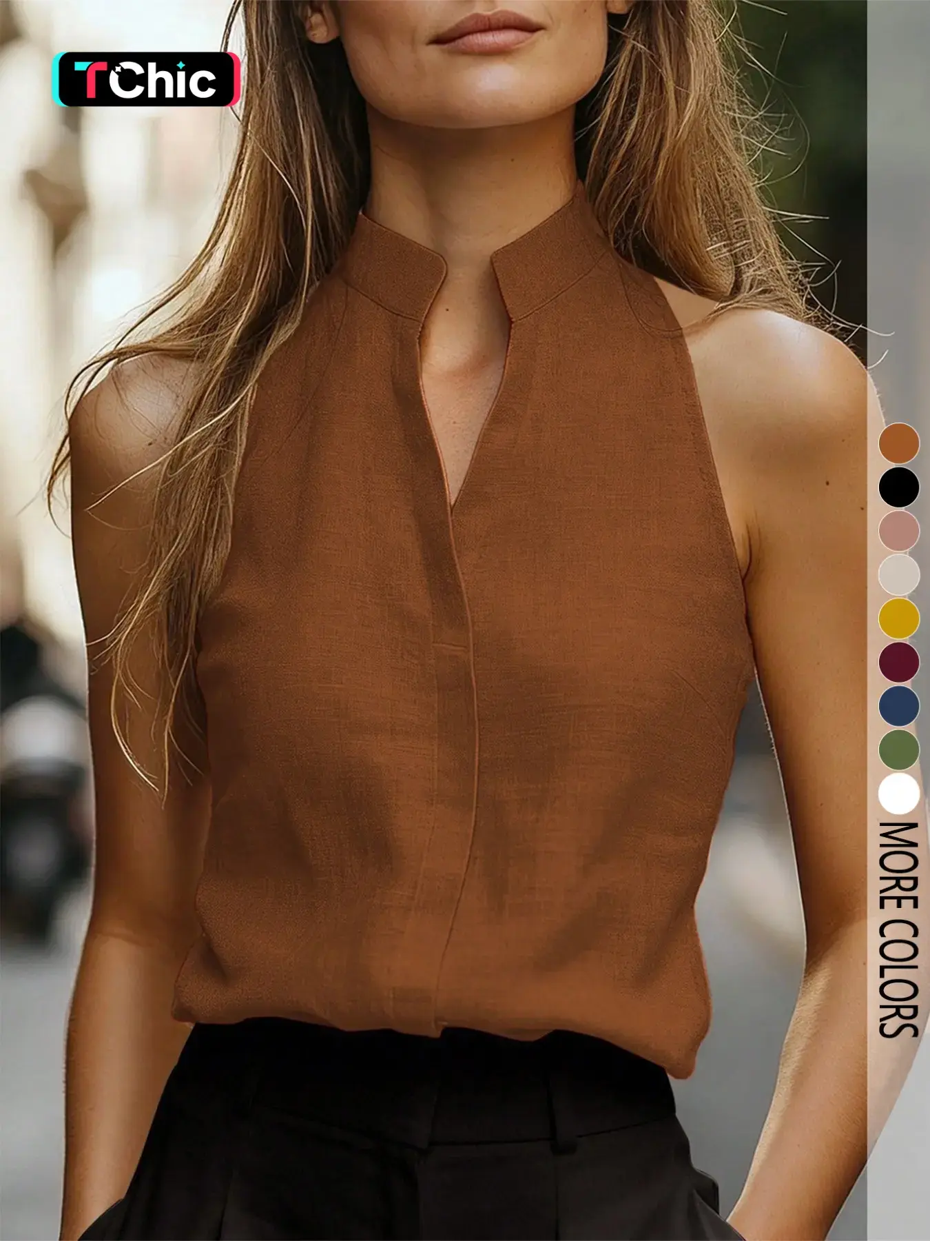Women's Sleeveless Solid Mandarin Collar Camisole Tank Top, Versatile Basic Casual Elegant Slimming Fit for Daily Commuting