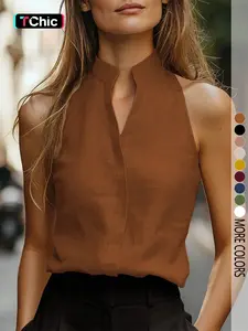 Women's Sleeveless Solid Mandarin Collar Tank Top, Versatile Elegant Slimming Fit for Daily Commuting