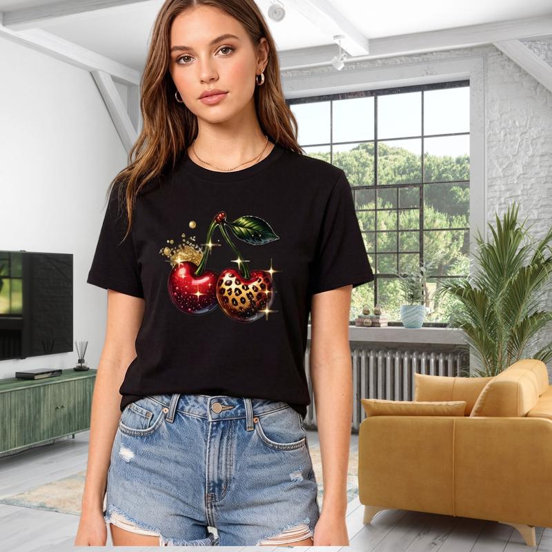 Women's Cotton Vintage Leopard Print Glitter Cherry Viral Graphic T-Shirt - Y2K Coquette Aesthetic Oversized Black Casual Top, Fitted/Everyday Streetwear Clothing (XS-6XL) with Free Exquisite Gift from Sohochic