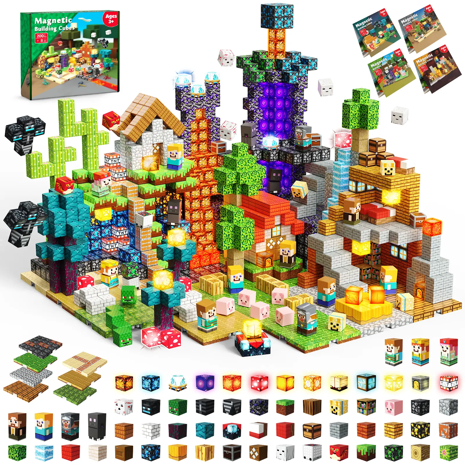 200PCS Magnetic Blocks with 8 Base Plate - 24PCS Light Blocks,Magnetic Construction Cube for Kids,STEM Sensory Educational Toys for Boys & Girls & Autism Ages 3+ Birthday Gifts,summerwins