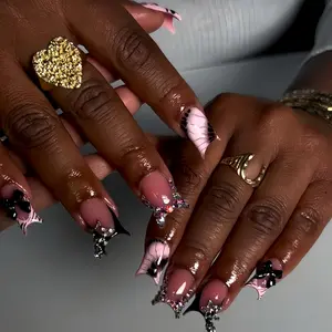 24pcs Duck Bill Nail Set, Marble Design with Bow & Rhinestones, Glossy Finish, Comfortable Fit, Perfect for Daily or Party Use