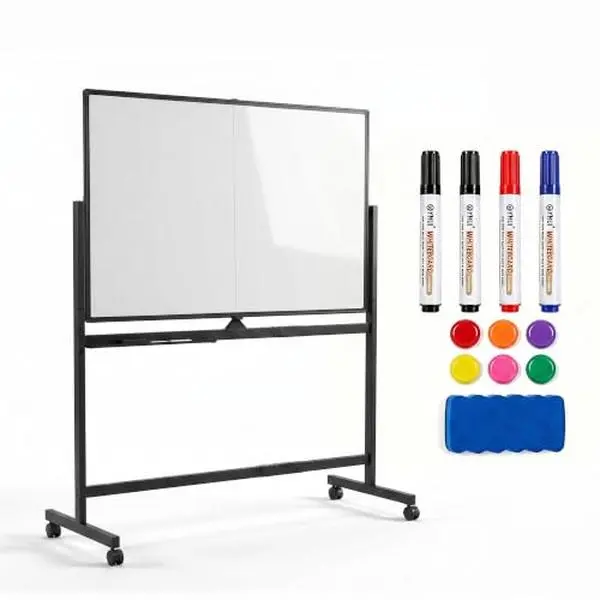 Gaomon 48in×32in Rectangular Black Double-Sided Rotating Magnetic Dry Erase Board with Rolling Locking Caster Stand, Easy-Clean Surface, Marker Tray, on Wheels