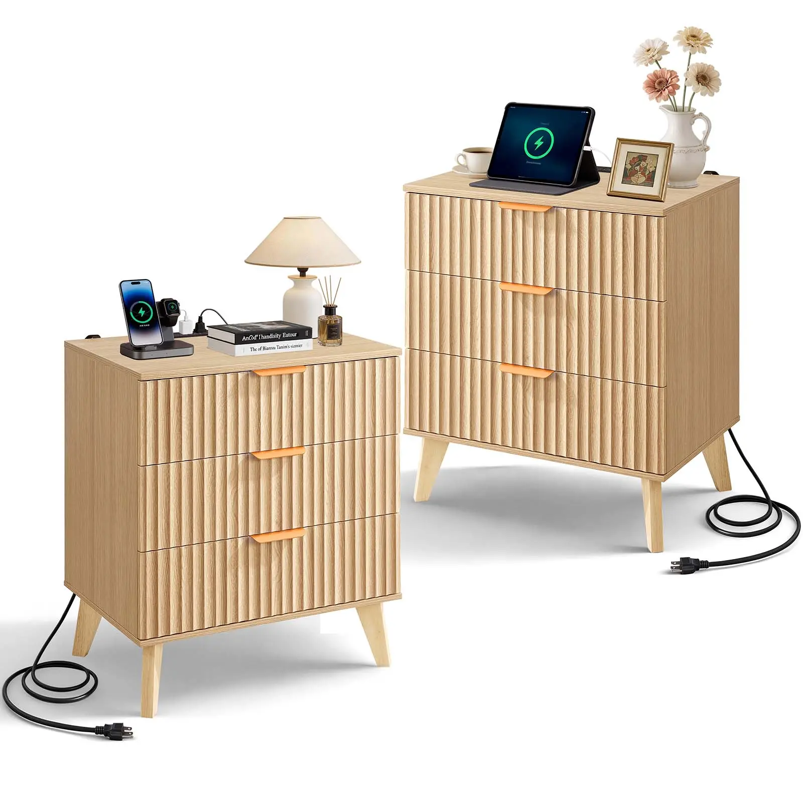 VEVOR Fluted Nightstands with Charging Station, Set of 2, Dresser for Bedroom with 3 Drawers, Mid Century Modern End Table, Bedside Cabinet Side Table Chest of Dresser, for Bedroom, Living Room, Khaki#BackToSchool