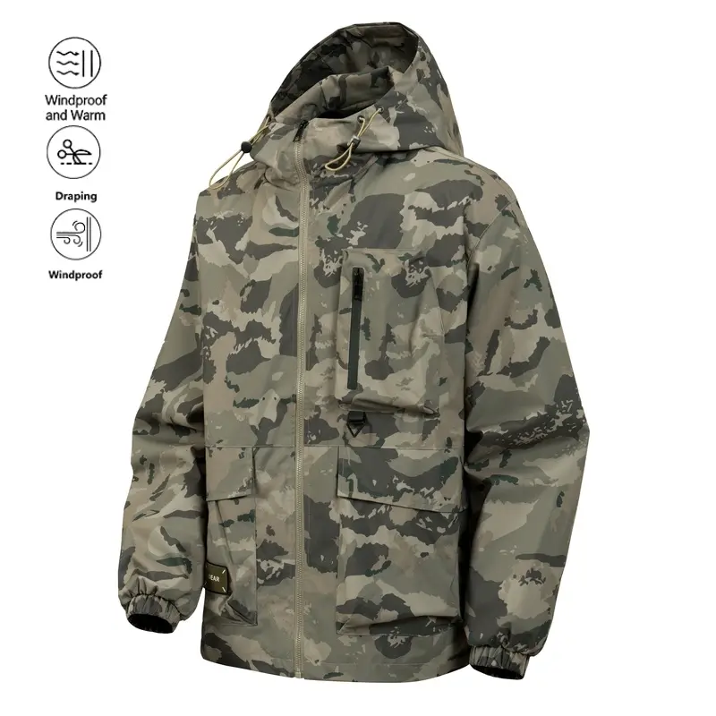 Men’s Spring–Autumn Camouflage Hooded Windbreaker Jacket, Outdoor Hiking and City Trip Coat, Windproof Outerwear