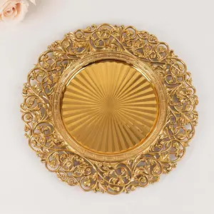 6-Pack Acrylic Charger Plates 13" Round Gold with Vintage Floral Carved Rim - Event Tabletop Decorative Charger Tableware