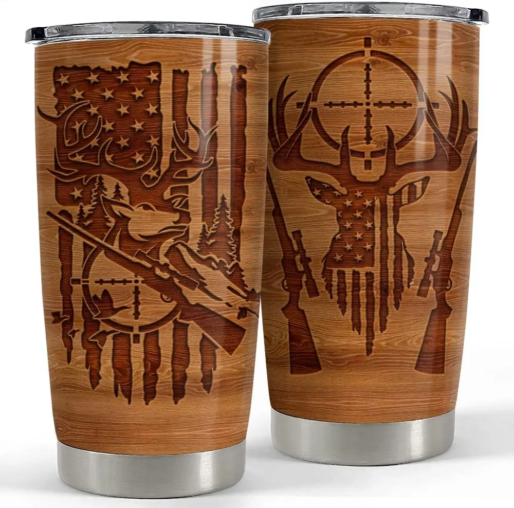 Hunting Tumbler Wood Style American Flag 20oz Tumblers with Lid Gift for Men Dad Best Friends Hunting Lovers Christmas Birthday Fathers Day