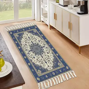 Vintage Persian Blue Pattern Fringe Mat, Ethnic Style Non-Slip Corridor Rug, Easy Care Ultra-Thin Decorative Floor Mat