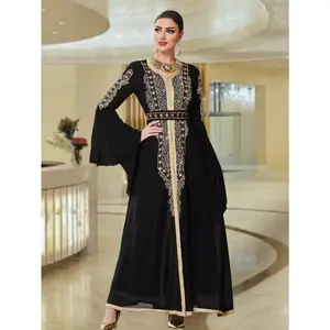 [Arabian Parties Dress] BA3024 Black Chiffon Embroidered Kaftan Dress with Bell Sleeves - Long Sleeve, High-Low Hemline, Intricate Embroidery, Perfect for Arabian Parties & Cultural Events, Cultural Event Attire |   Intricate Embroidery Dress |   Chiffon