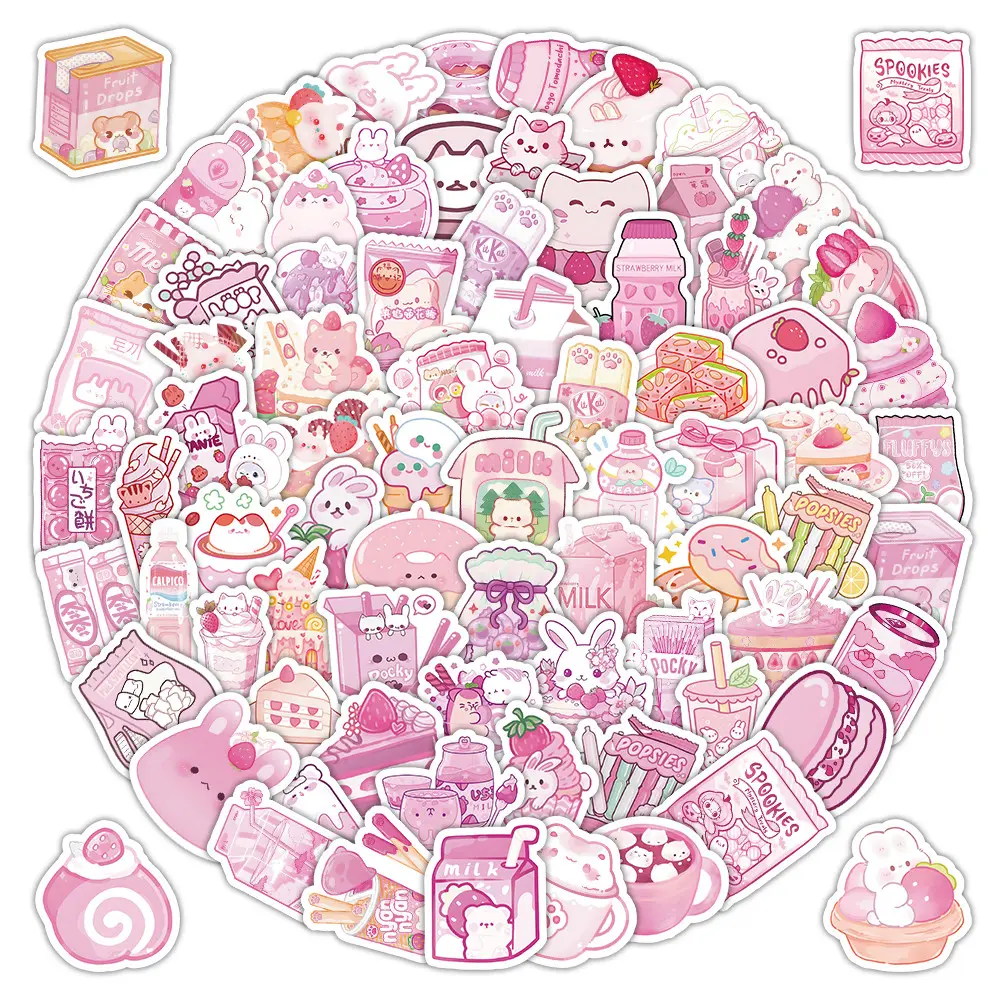 103Pcs Lovely Pink Snack Themed Stickers For Journal Laptop Water Bottle DIY Decor