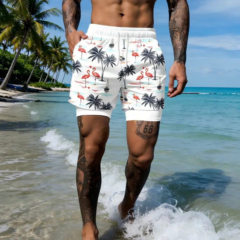 2026 Men's Fashion Flamingo Tropical Drawstring Waist Vacation Beach Shorts, Swimsuit Shorts, Quick-Dry Breathable Swimwear for Summer