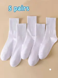 5 pairs of white mid-calf socks for men and women, breathable and sweat-absorbent, suitable for couples, all-season socks. Suitable for daily casual wear, business, running, and sports activities.