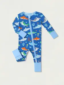 Baby long-sleeved bamboo fiber romper, two-way zipper, foldable hand and foot cuffs,Deep-sea shark pattern, suitable for all seasons, infant gift, Can be worn as outerwear