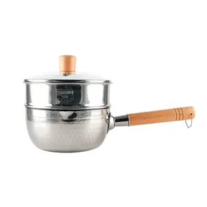 Japanese Hammered Stainless Steel Milk Pot 18cm with Steamer and Lid - Versatile Cooking for One - Compatible with Gas and Induction Cooktops