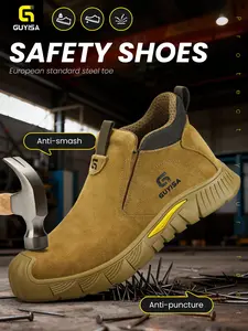 Guyisa Welding Safety Leather Worker Shoes, Anti-Scald Fireproof Steel Toe, Mid-Calf Soft Sole Comfort Work Footwear Boots for All Seasons